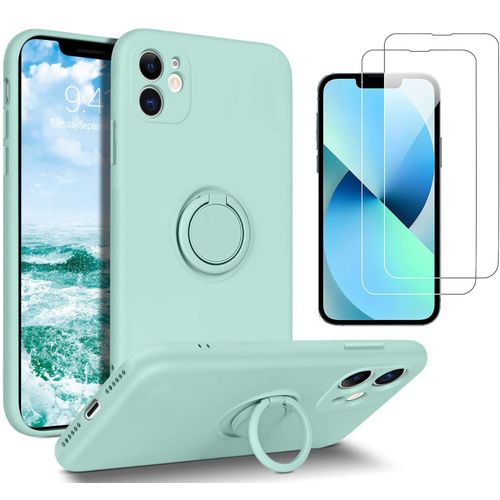 Coque Silicone Pour Iphone 12 Couleur Vert Avec Anneau Support + 2 Verres Trempe Protection Ecran Little Boutik®