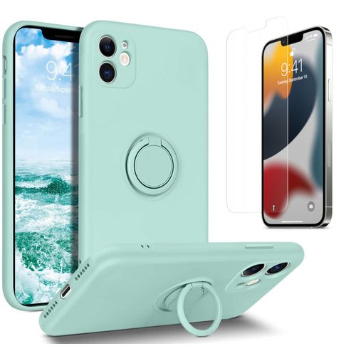 Coque Silicone Pour Iphone 12 Couleur Vert Avec Anneau Support + Verre Trempe Protection Ecran Little Boutik®