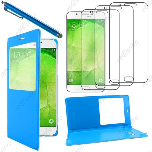 Ebeststar ® Housse Coque Etui Smart View Type S-View Portefeuille Pour Samsung Galaxy A8 Sm-A800f, Couleur Bleu + Stylet 3 Film