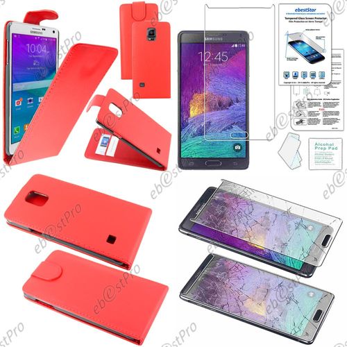Ebeststar ® Film Verre Trempé Pour Samsung Galaxy Note 4 N910f Housse Simili Cuir À Clapet Coque Etui, Couleur Rouge