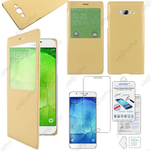 Ebeststar ® Housse Coque Etui Smart View Type S-View Portefeuille Pour Samsung Galaxy A8 Sm-A800f, Couleur Dorée Gold + Film Verre Trempé