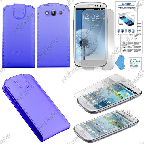Ebeststar ® Coque Housse Etui Simili Cuir Rabattable Pour Samsung Galaxy S3 I9300 I9305, Couleur Bleu + 1 Film Verre Trempé