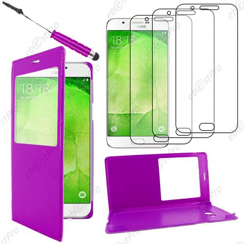 Ebeststar ® Housse Coque Etui Smart View Type S-View Portefeuille Pour Samsung Galaxy A8 Sm-A800f, Couleur Violet + Mini Stylet 3 Film