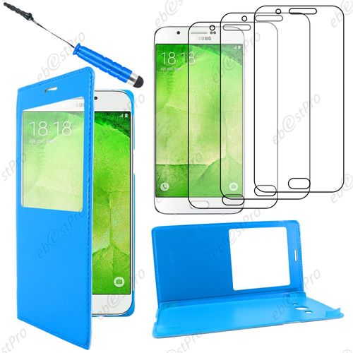 Ebeststar ® Housse Coque Etui Smart View Type S-View Portefeuille Pour Samsung Galaxy A8 Sm-A800f, Couleur Bleu + Mini Stylet 3 Film