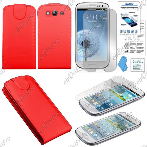 Ebeststar ® Housse Coque Etui Simili Cuir À Rabat Vertical Pour Samsung Galaxy S3 I9300 I9305, Couleur Rouge + Film Verre Trempé