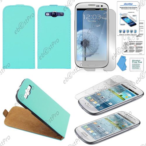 Ebeststar ® Film Verre Trempé Pour Samsung Galaxy S3 I9300 I9305 Etui En Pu Cuir Clapet Ultra Fine Housse Coque, Couleur Bleu