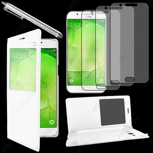 Ebeststar ® Housse Coque Etui Smart View Type S-View Portefeuille Pour Samsung Galaxy A8 Sm-A800f, Couleur Blanc + Stylet 3 Film