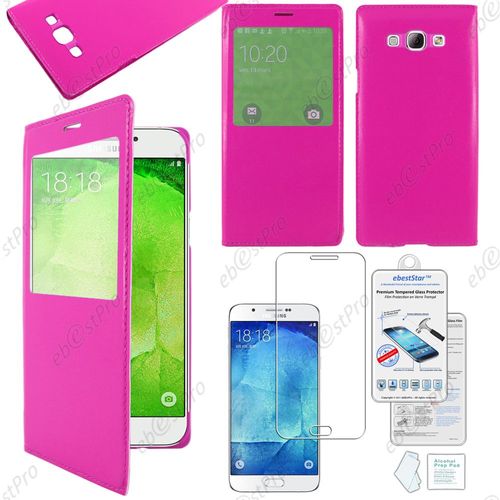 Ebeststar ® Housse Coque Etui Smart View Type S-View Portefeuille Pour Samsung Galaxy A8 Sm-A800f, Couleur Rose + Film Verre Trempé