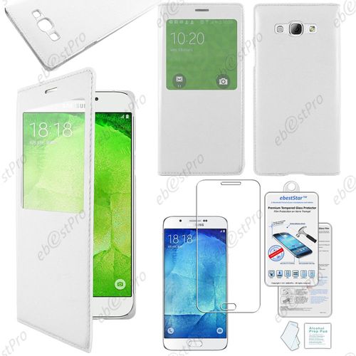 Ebeststar ® Housse Coque Etui Smart View Type S-View Portefeuille Pour Samsung Galaxy A8 Sm-A800f, Couleur Blanc + Film Verre Trempé