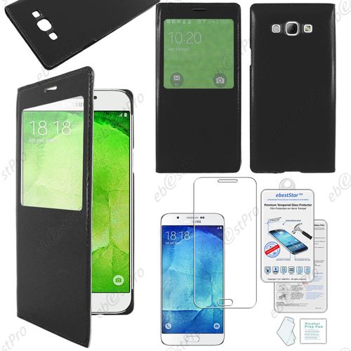 Ebeststar ® Housse Coque Etui Smart View Type S-View Portefeuille Pour Samsung Galaxy A8 Sm-A800f, Couleur Noir + Film Verre Trempé