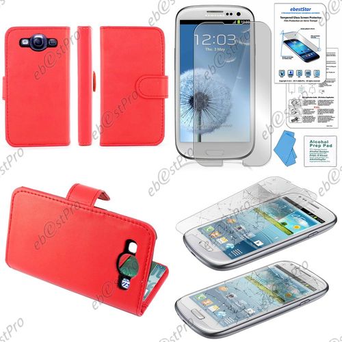 Ebeststar ® Housse Portefeuille Coque Etui Protection Folio Pour Samsung Galaxy S3 I9300 I9305, Couleur Rouge + 1 Film Verre Trempé