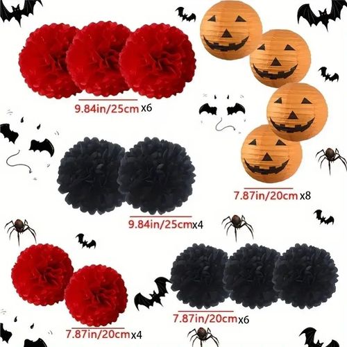 Ensemble 28pcs Décoration Halloween – Lanternes Citrouille & Boules Papier Colorées