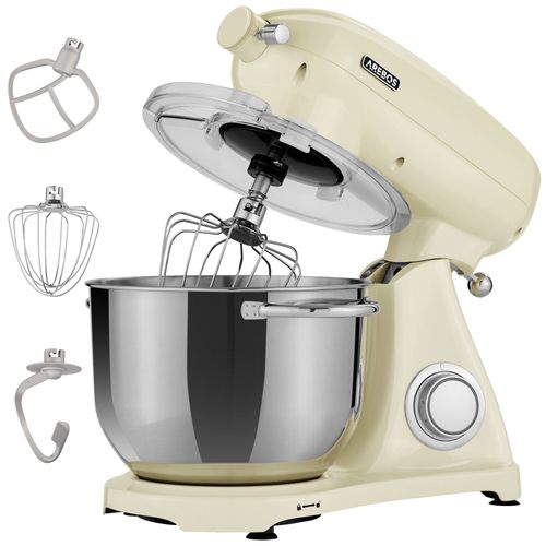 AREBOS Robot Pâtissier Professionnel 1800W Retro | Crème | Faible Bruit | Robot de Cuisine Multifonction avec Fouet, Batteur, Crochet | Bol d'Acier Inoxydable 6 Litres | 6 Vitesses