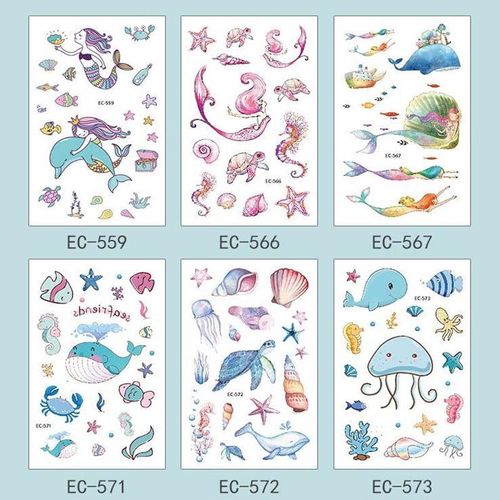 Autocollant De Tatouage D'animaux Marins, 10 Feuilles, Faux Tatouage Flash, Imperméable, Petit Art Corporel, Décoration De Fête Pour Enfants