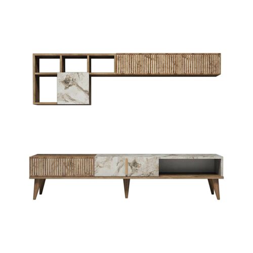 Meuble Mural effet bois beige, marbre blanc 180x35 cm