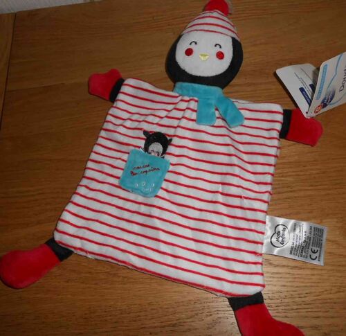 Doudou Pingouin Mots D'enfants Raye Rouge Blanc Noir Coucou Les Copains