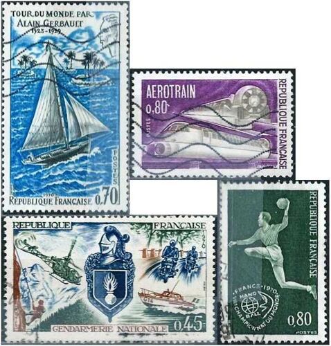 France 1970, Beaux Timbres Yvert 1621 Tour Du Monde Par Alain Gerbault, 1622 Gendarmerie Nationale, 1629 Championnat Du Monde De Handball, 1631 L'aérotrain, Oblitérés, Tbe -