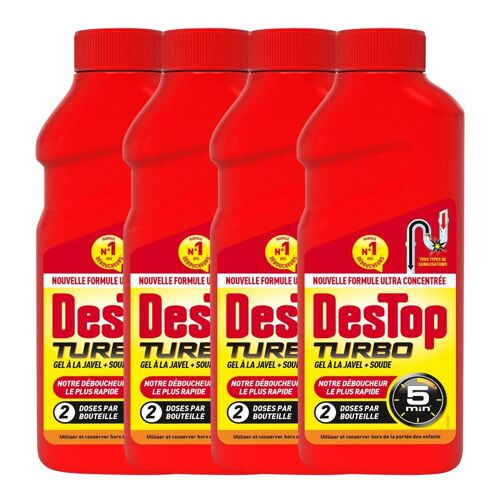 DESTOP Lot de 4 Gels désinfectant et déboucheur canalisation Turbo 5 min - 2 doses - 500ml