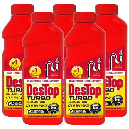 DESTOP Lot de 5 Gels désinfectant et déboucheur canalisation Turbo 5 min - 2 doses - 500ml