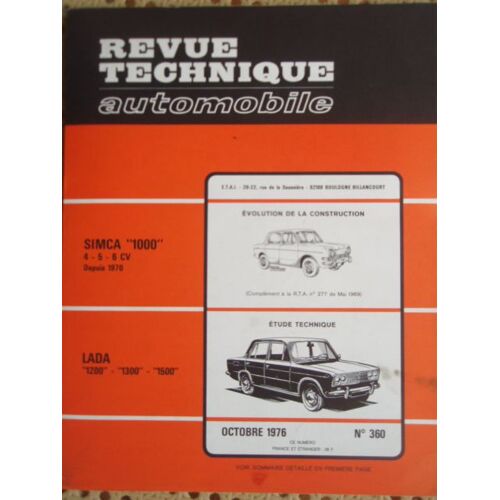 Revue Technique Automobile N°360 Lada 1200 - 1300 - 1500 + Evol. Simca 1000