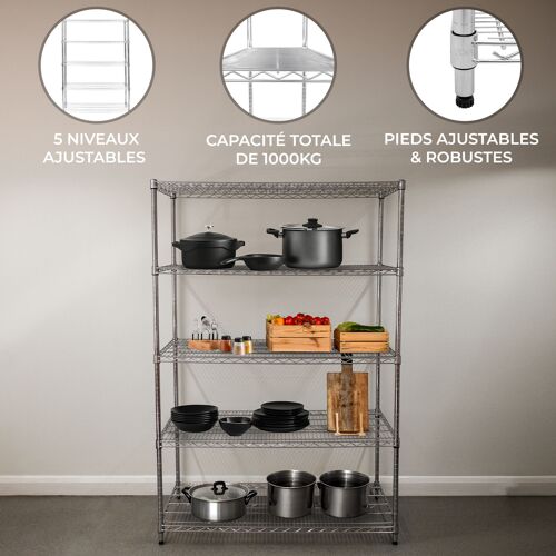 Etagère en Fil d'Acier Chromé 1000KG - 60 x 120 x 180cm - Pied de Nivellement - Rangement Garage, Cuisine, Atelier, Entrepôt, Organisation Rayonnage - 5 Niveaux Ajustable - 100% Sans Boulons