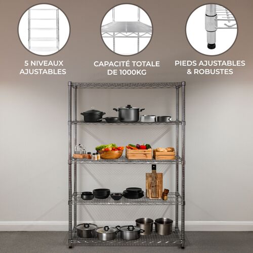 Etagère en Fil d'Acier Chromé 1000KG - 45 x 150 x 180cm - Pied de Nivellement - Rangement Garage, Cuisine, Atelier, Entrepôt, Organisation Rayonnage - 5 Niveaux Ajustable - 100% Sans Boulons