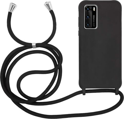 Coque Cordon Pour Huawei P40 - Cover Bumper Silicone Mat Uni Avec Collier - Case Tour De Cou - Protection Anti Choc - Skin & Lanière Noir