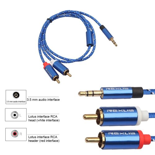 Câble Audio RCA vers 3.5, Jack 3.5mm, pour amplificateur DJ, caisson de basses, mélangeur Audio, DVD, Home cinéma, bleu