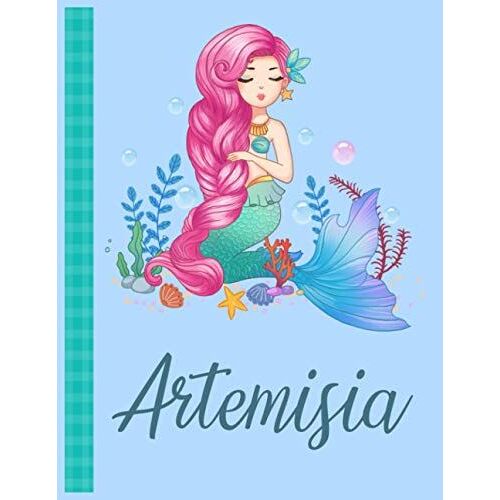Artemisia: Personalized Mermaid Handwriting Notebook Blue Color With Blue Name Large Size 8.5'' X 11'' X 115 Pages White Paper Blank Journal Gifts For Kids - Baby And Students