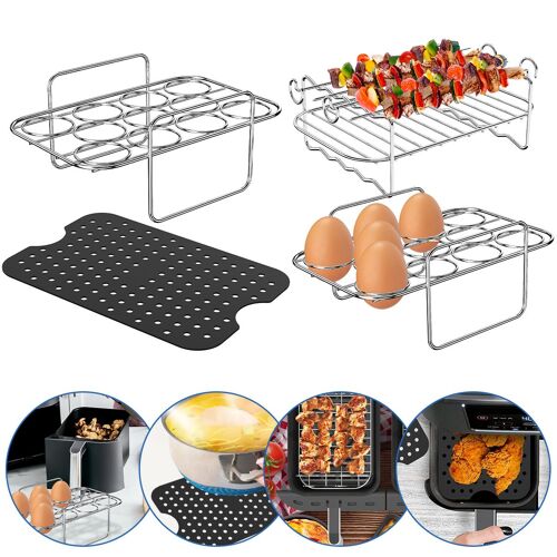 Support Pour Friteuse À Air En Acier Inoxydable 304, 2 Pièces, Robuste, Résistant À La Chaleur, Avec 4 Brochettes, Tapis En Silicone Réutilisable