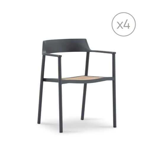 Pack De 4 Chaises Empilables De Jardin En Aluminium Anthracite Et Teck