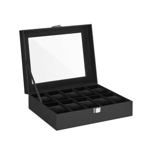 Boîte À 10 Emplacements À Montres Couvercle En Verre Revêtement Noir