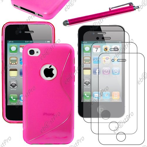 Ebeststar ® Housse Etui Coque Silicone Gel Motif S-Line Protection Souple Pour Apple Iphone 4s, 4, Couleur Rose + Stylet 3 Film