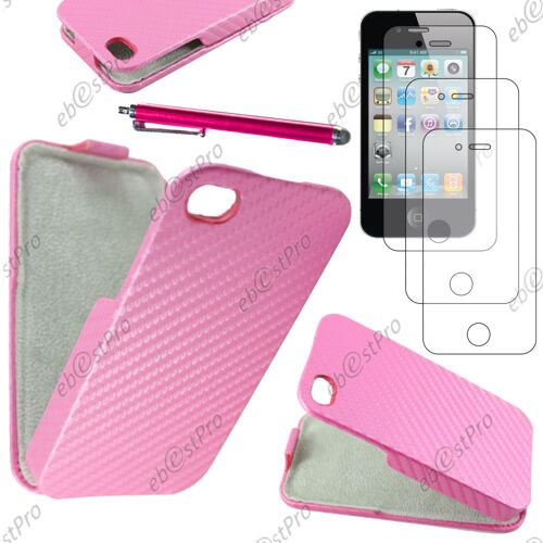 Ebeststar ® Housse Coque Etui À Rabat Revêtement Carbone Pour Apple Iphone 4s, 4, Couleur Rose + Stylet 3 Film