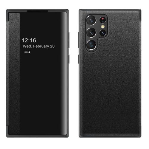 Coque pour Samsung Galaxy S24 Ultra,vitre latérale clapet en cuir plaqué,etui de téléphone visuel - Noir