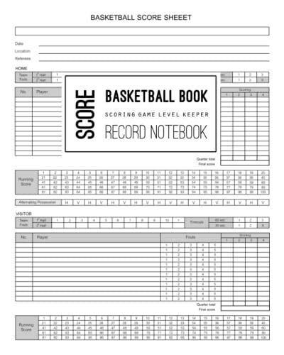 Basketball Score Notebook: Basketball Scoring Game Record Level Keeper Book Helps You Keep Track Of Both Teams And All The Players, Including Points Scored, Fouls Committed, And Timeouts