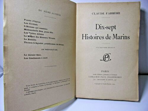 Roman Maritime. Claude Farrère. Dix-Sept Histoires De Marins