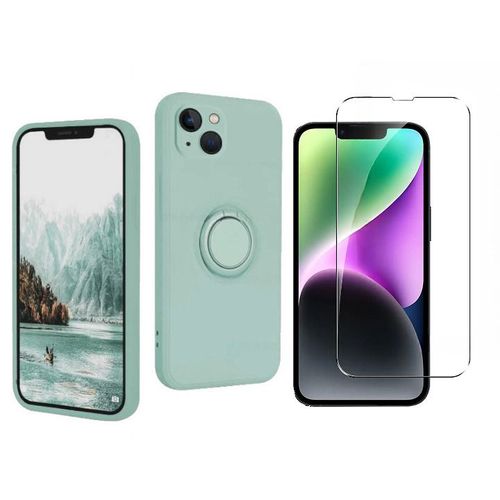 Coque Silicone Pour Iphone 14 Couleur Vert Avec Anneau Support + Verre Trempe Protection Ecran Little Boutik®