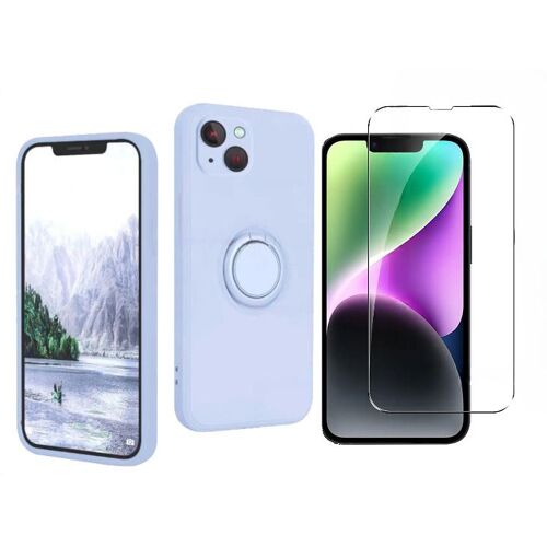 Coque Silicone Pour iPhone 14 Couleur Bleu Avec Anneau Support + Verre Trempe Protection Ecran Little Boutik®