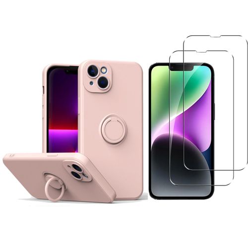 Coque Silicone Pour Iphone 14 Couleur Rose Avec Anneau Support + 2 Verres Trempe Protection Ecran Little Boutik®