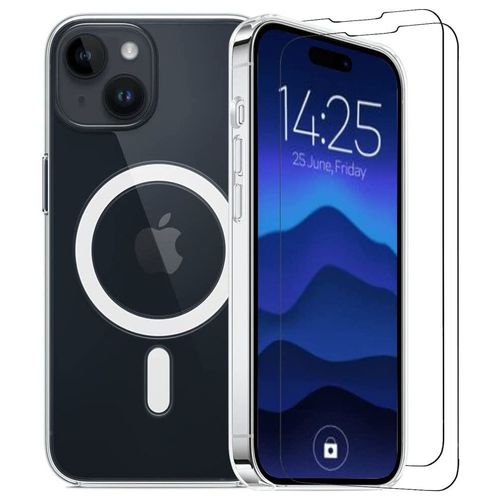 Coque Silicone Transparente Compatible Magsafe + 2 Verres Trempes Pour Iphone 14 Little Boutik©