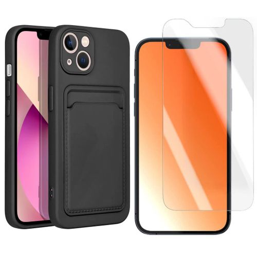Coque Silicone Avec Porte Carte Noir + Verre Trempe Pour Iphone 13 Little Boutik®