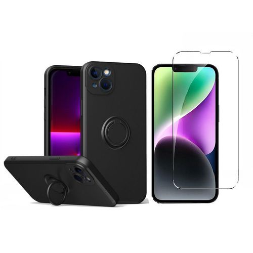 Coque Silicone Pour Iphone 14 Couleur Noir Avec Anneau Support + Verre Trempe Protection Ecran Little Boutik®