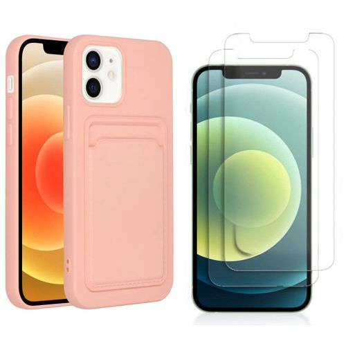 Coque Silicone Avec Porte Carte Rose + 2 Verres Trempes Pour Iphone 12 / 12 Pro Little Boutik®
