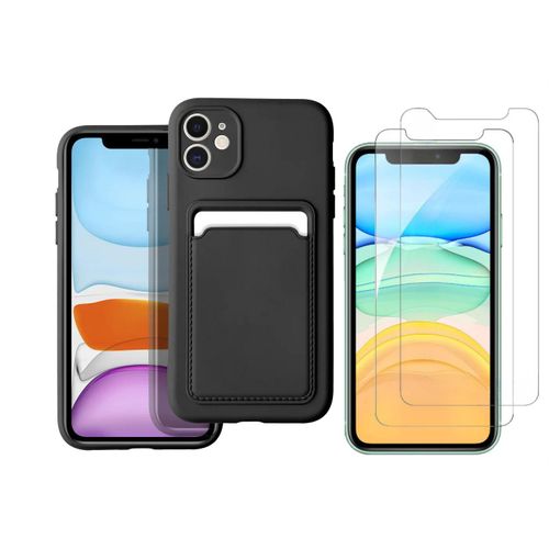 Coque Silicone Porte Carte Noir + 2 Verres Trempes Pour Iphone 11 Little Boutik®