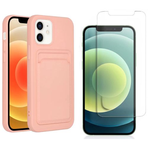 Coque Silicone Avec Porte Carte Rose + Verre Trempe Pour Iphone 12 / 12 Pro Little Boutik®