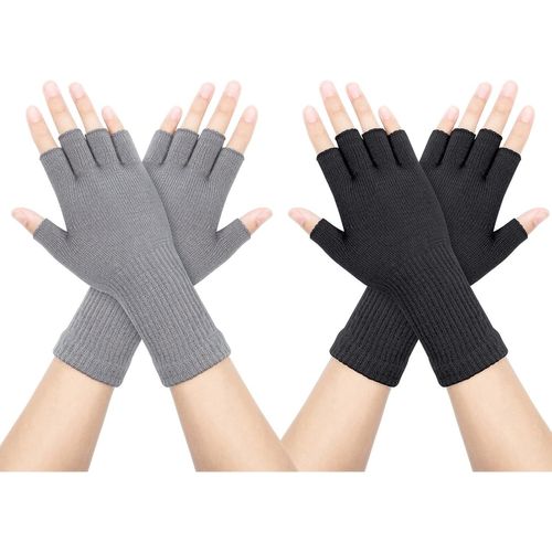 2 Pairs Winter Half Finger Gloves Knitted Mittens Stretch Warm Wrist Gloves For Men And Women"".[J283]
