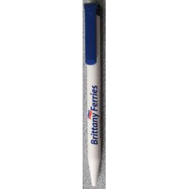 Stylo À Bille Publicitaire Rétractable Marqué Brittany Ferries - Corps Plastique Blanc Garniture Bleue - Écriture Noire