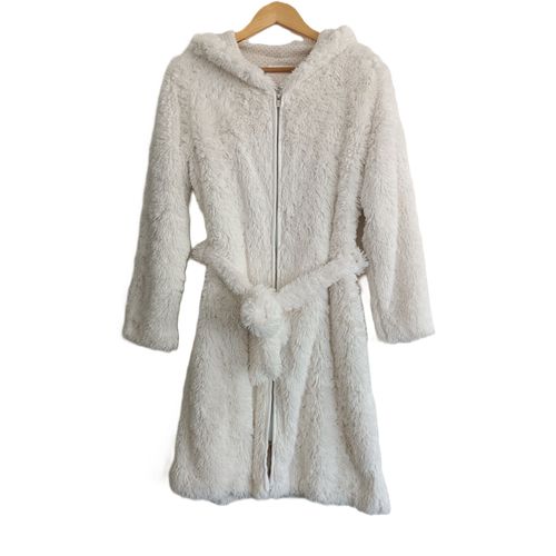 Robe De Chambre. Déshabillé Fausse Fourrure Blanc Casse À Capuche. Zip. Etam. Taille M
