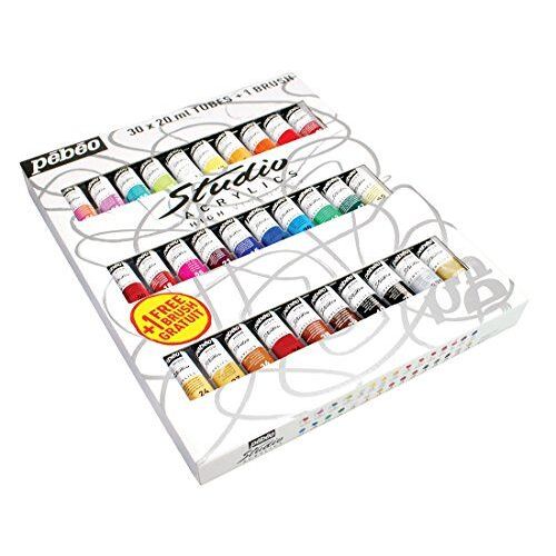 Pébéo 833431 Set Studio + Acrylique Assortiment De 30 Tubes De 20 Ml + Brosse
